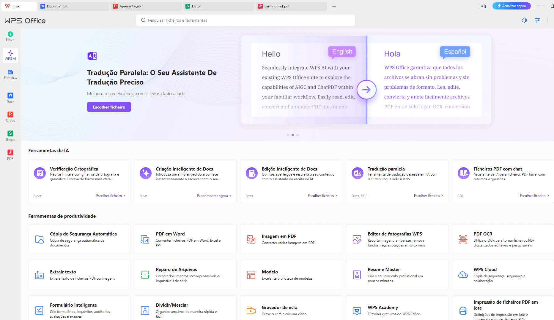 Janela única do WPS Office para todos os seus aplicativos de escritório