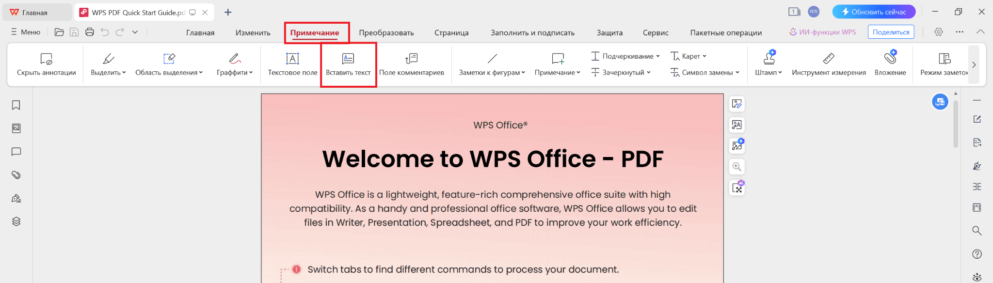 Текстовые комментарии в WPS PDF