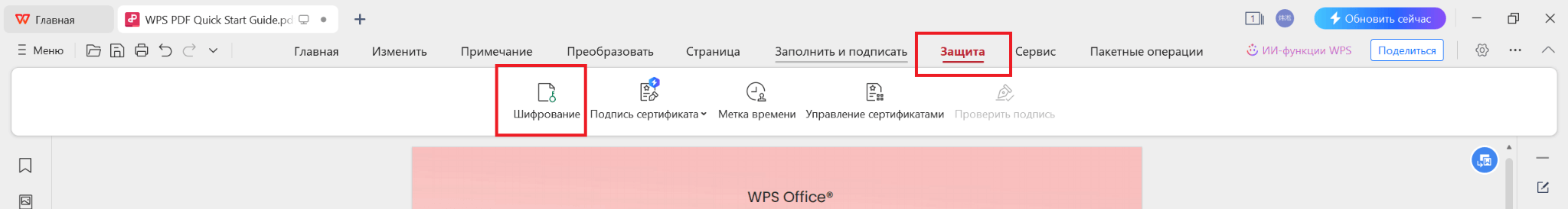 нструмент шифрования WPS PDF