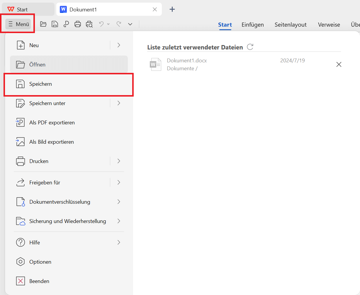 WPS Office Datei speichern
