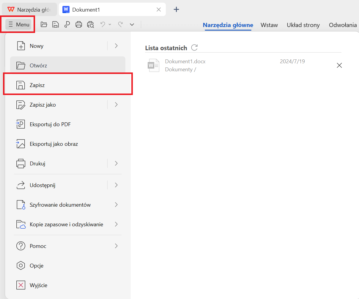 Zapis pliku WPS Office