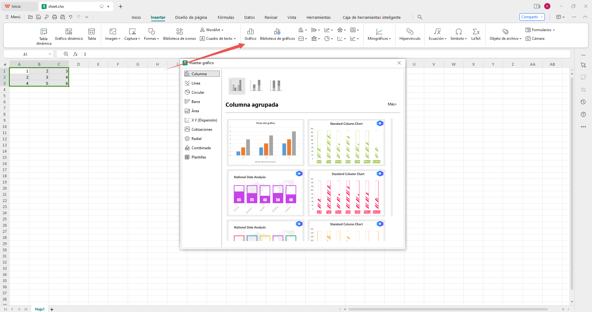 Hacer gráficas en WPS Spreadsheet paso a paso.