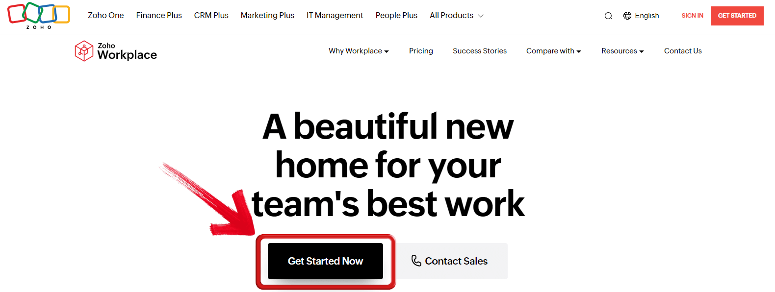 Get Started Now button on Zoho Workplace