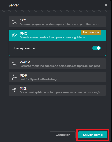 Selecionar o formato para salvar a imagem