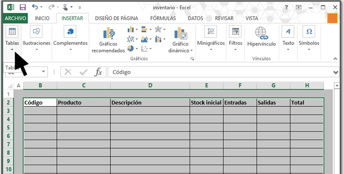 Insertar tabla en Inventario de Excel.