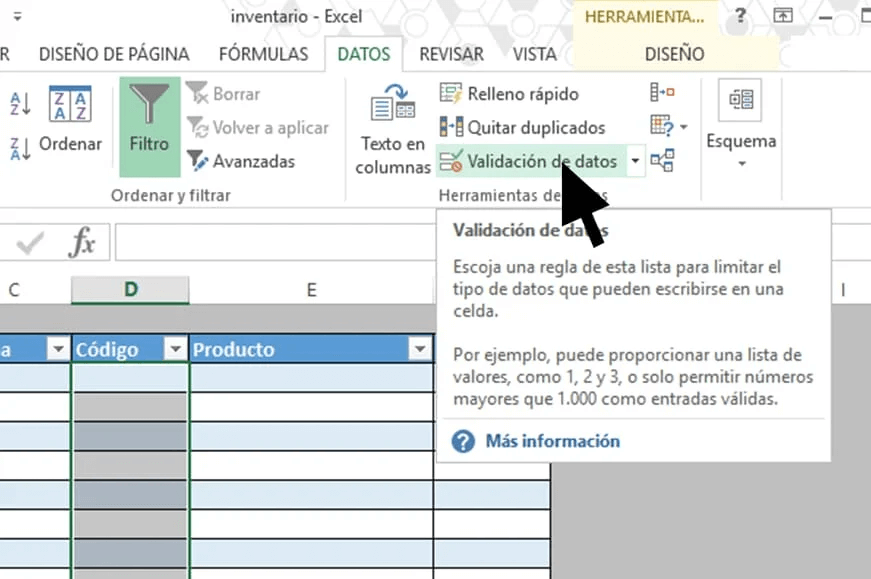 Inserta tus productos y sírvete de la validación de datos.