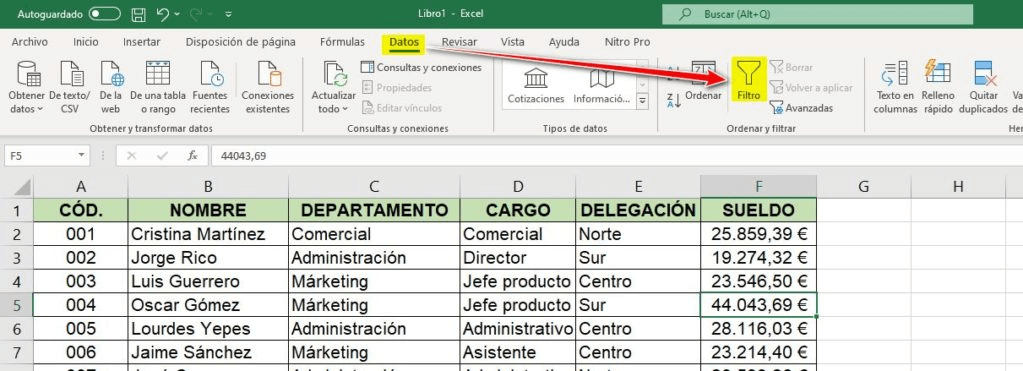 Filtrar datos en Excel.