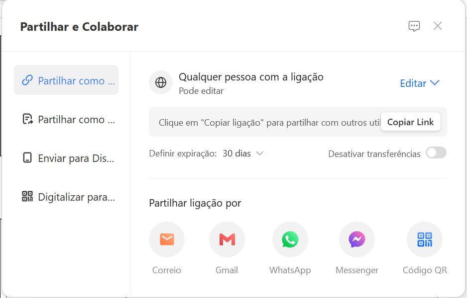 opções de compartilhamento do WPS Office
