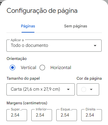 Opções de Edição de Página no Google Docs