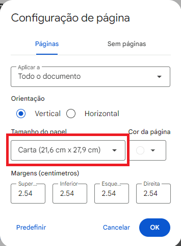 Opções de Tamanho do Papel no Google Docs