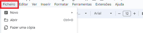 Aba Arquivo no Google Docs
