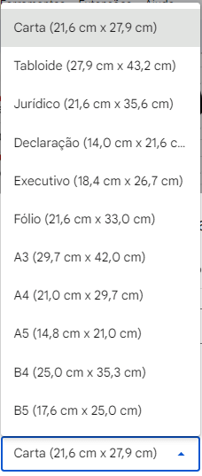 Tamanhos de Papel no Google Docs