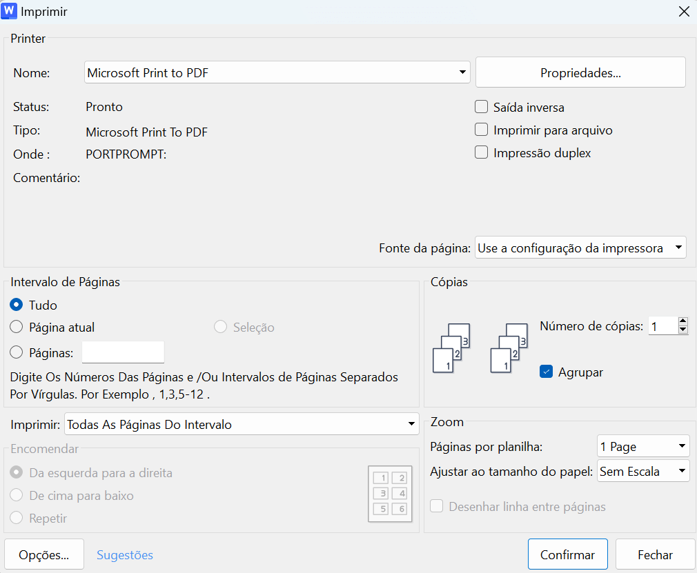configurações de impressão no WPS
