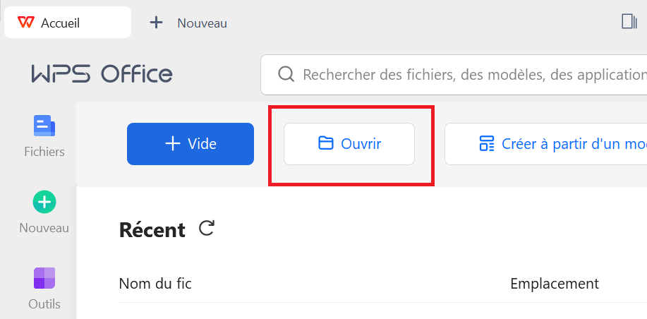 Option Fichiers dans WPS Office