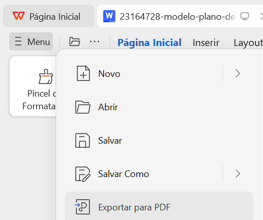 botão de exportar para PDF no menu
