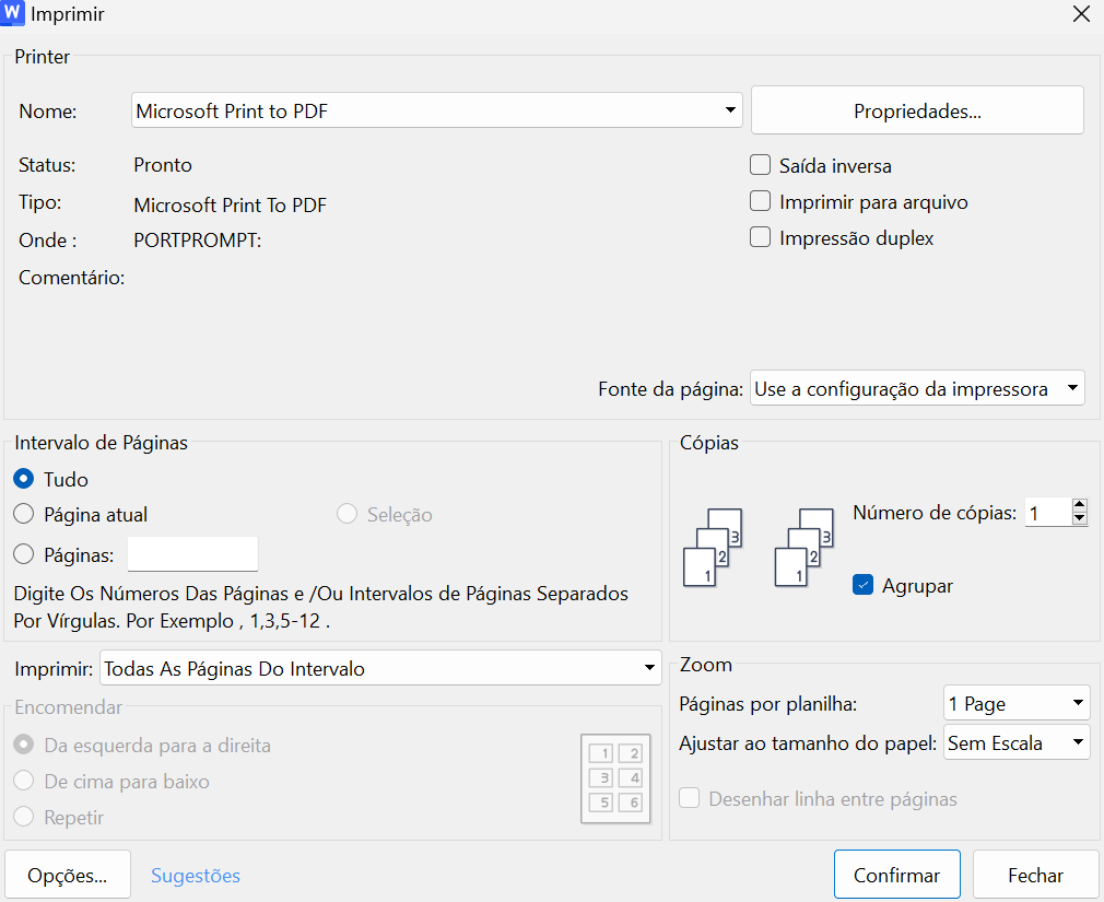 configurações de impressão no WPS