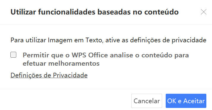 janela de termos do WPS