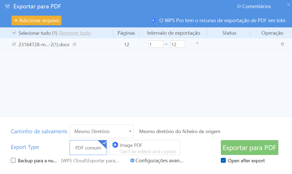 configurações de exportação em PDF do WPS