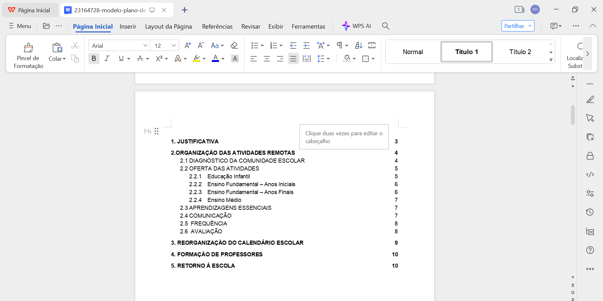 interface do WPS Office com um plano de ação escolar