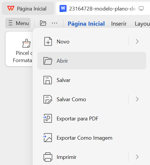menu do editor de textos do WPS