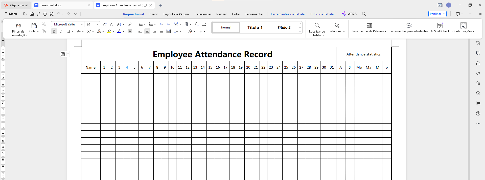 editando sua folha de ponto no WPS Office