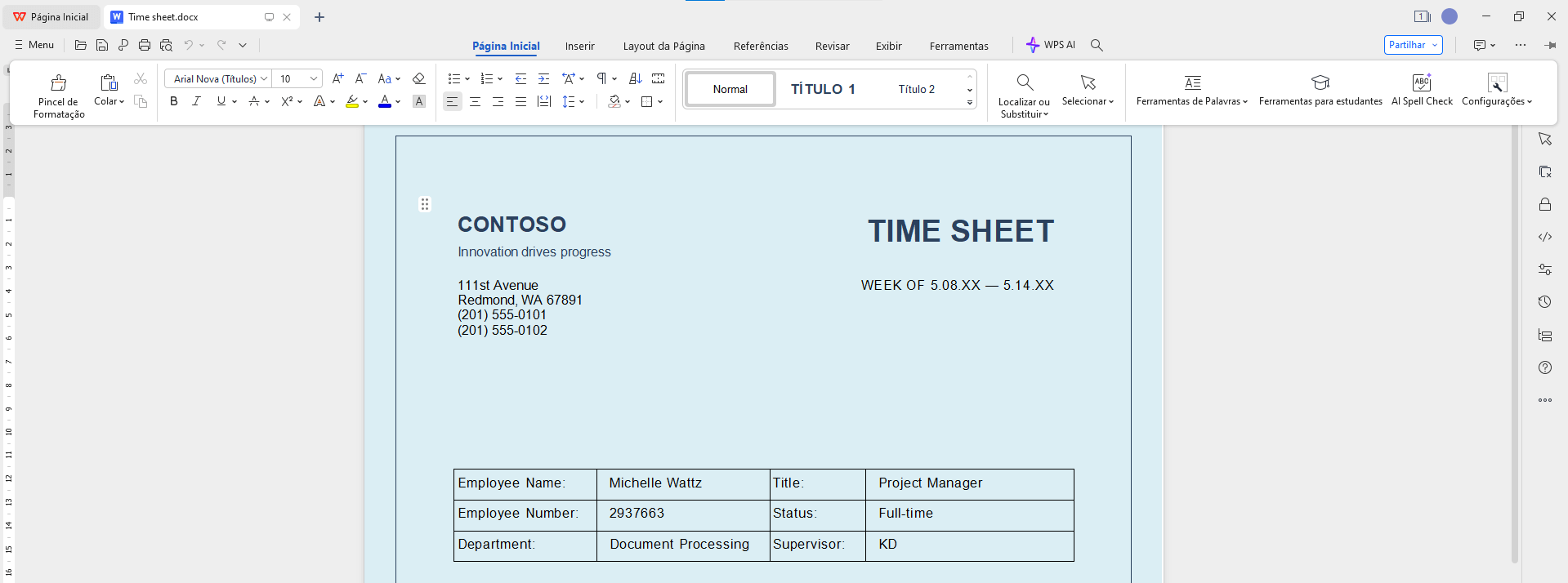 editando sua folha de ponto no WPS Office