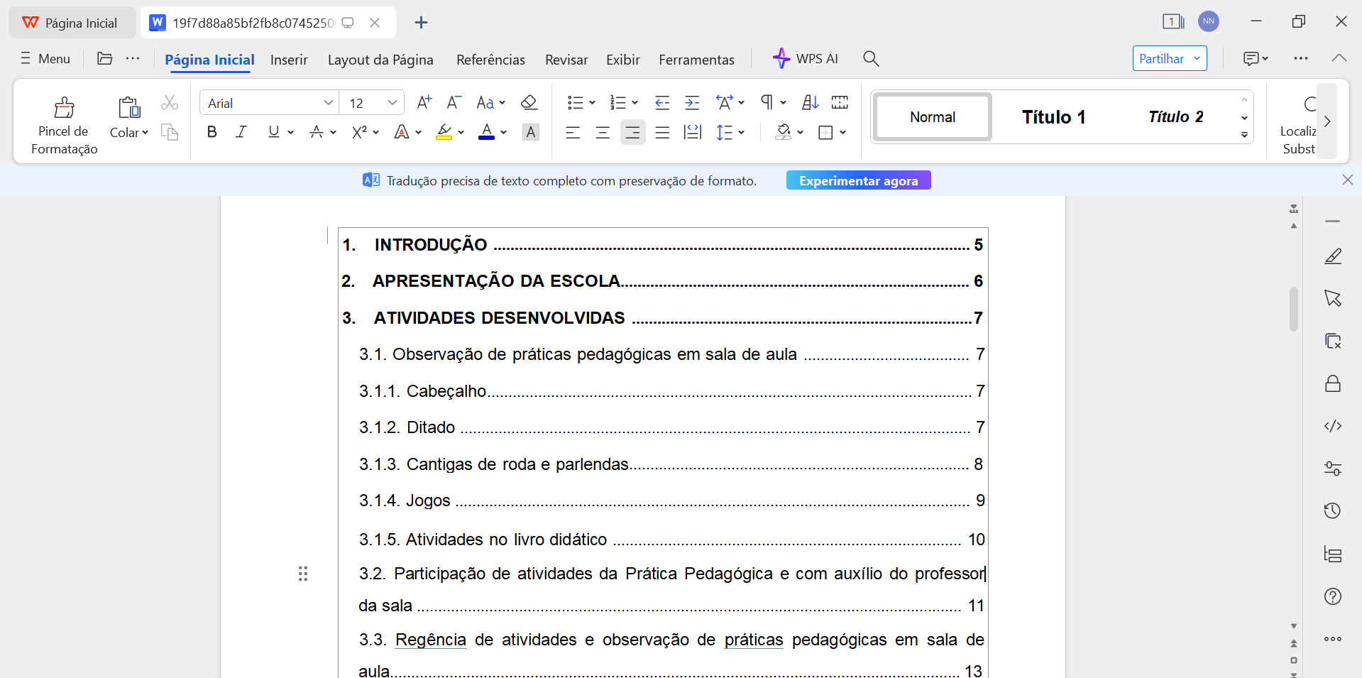 escrevendo o relatório de estágio no editor de textos do WPS