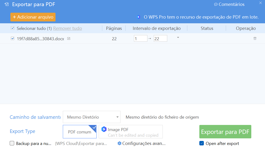 exportação para PDF no WPS