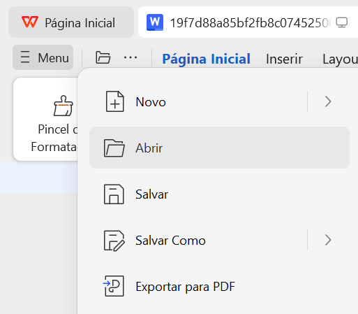 menu do arquivo no WPS