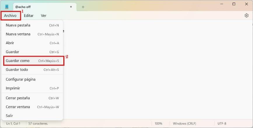 Menú Archivo del Bloc de notas