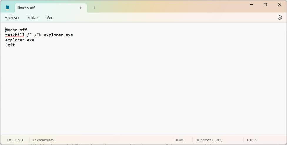 Ventana del Bloc de notas con el texto a escribir para el script
