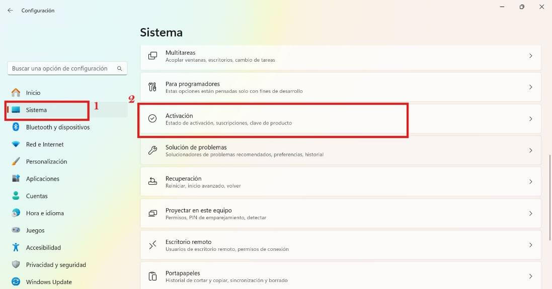 Activación del sistema Windows