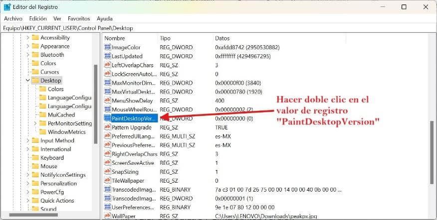 Valor de registro PaintDesktopVersion