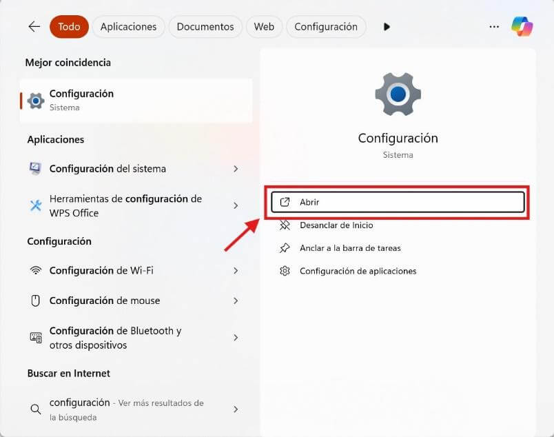 Hacer clic en Abrir para iniciar la Configuración de Windows