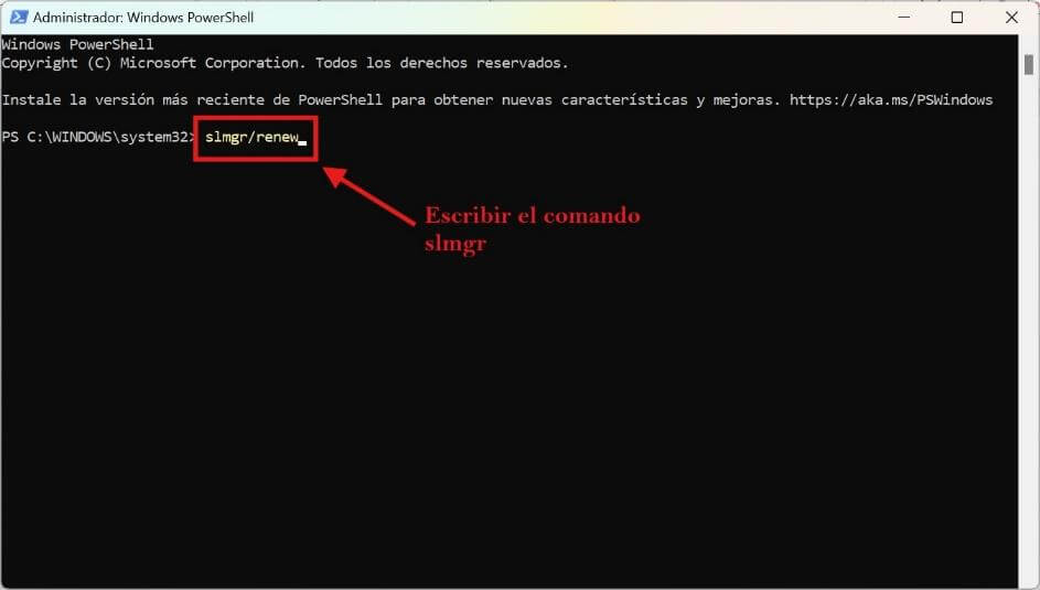 Introducir el comando SLMGR en Windows PowerShell