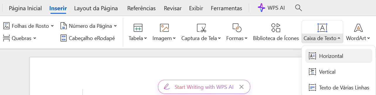 inserindo caixa de texto no WPS Office