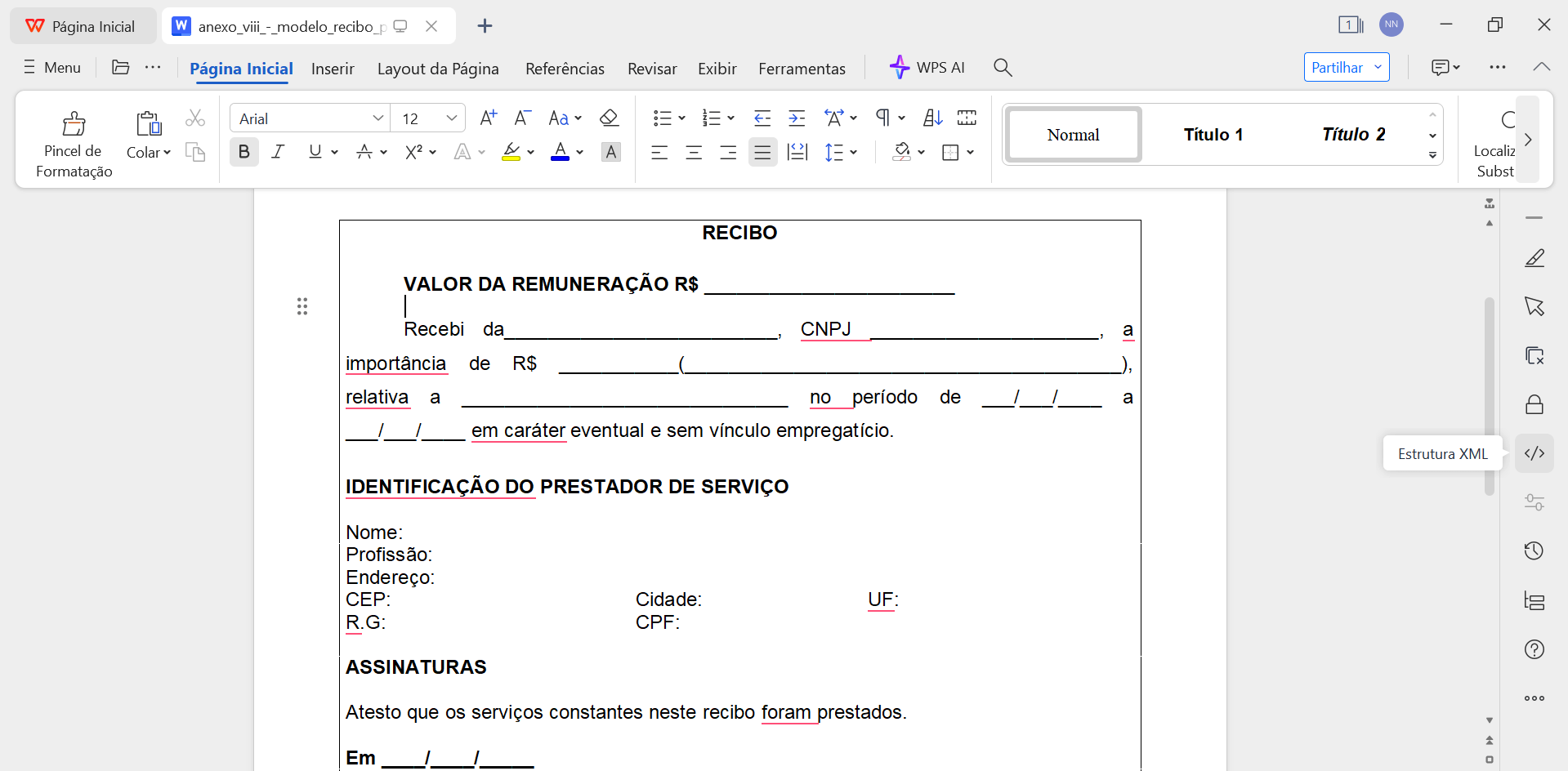 recibo de prestação de serviços no editor de textos do WPS
