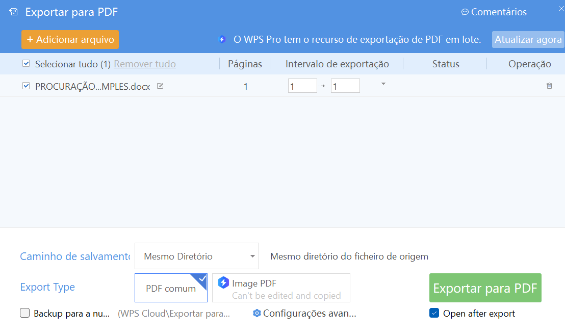 exportação para PDF no WPS