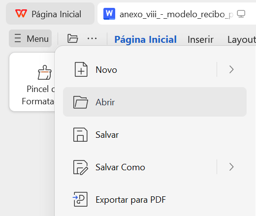 menu do arquivo no WPS