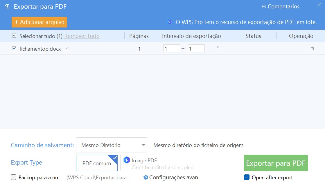 exportando para PDF no WPS Office