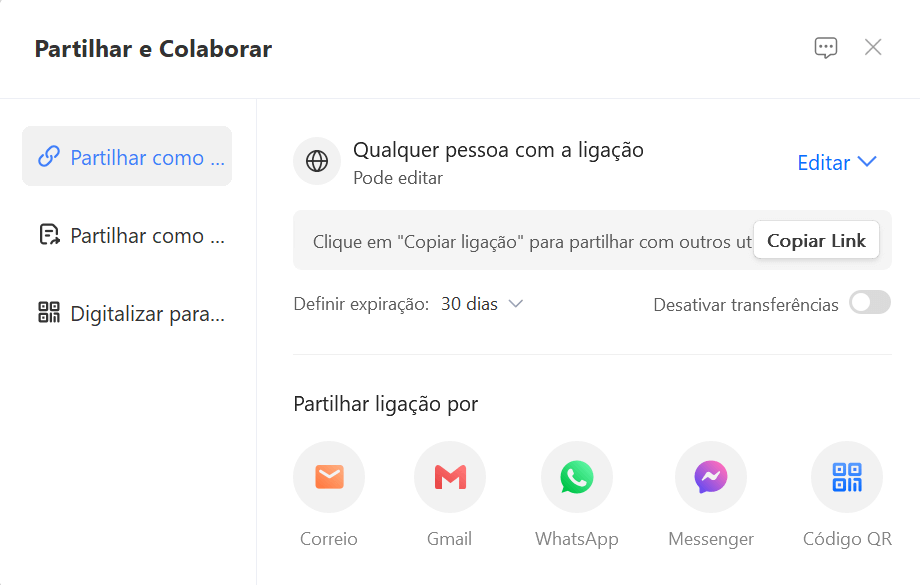opções de compartilhamento no WPS Office