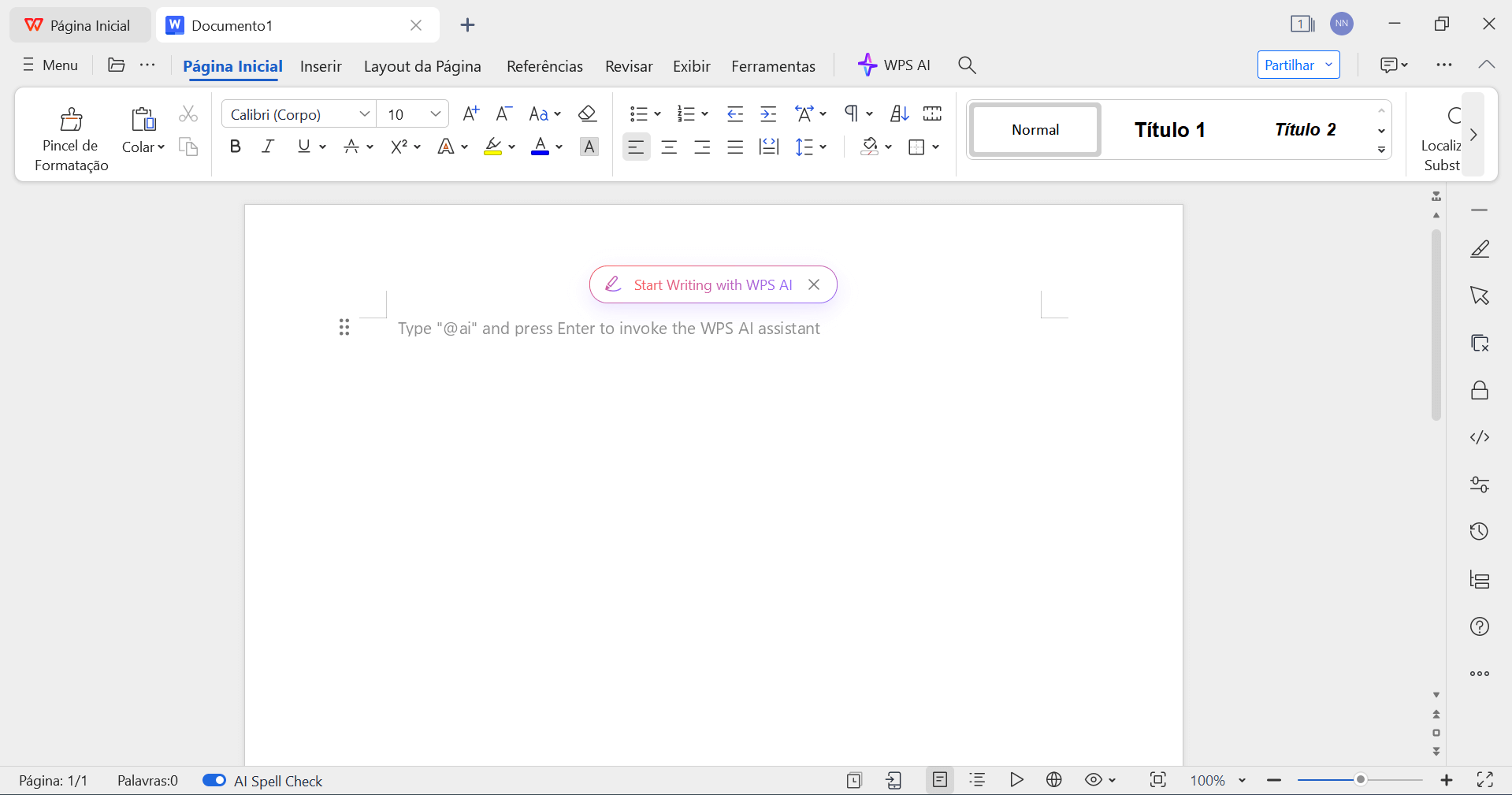 interface do editor de textos do WPS