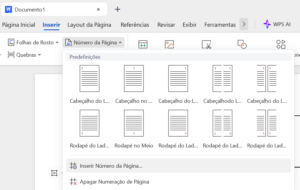 numeração de páginas no WPS