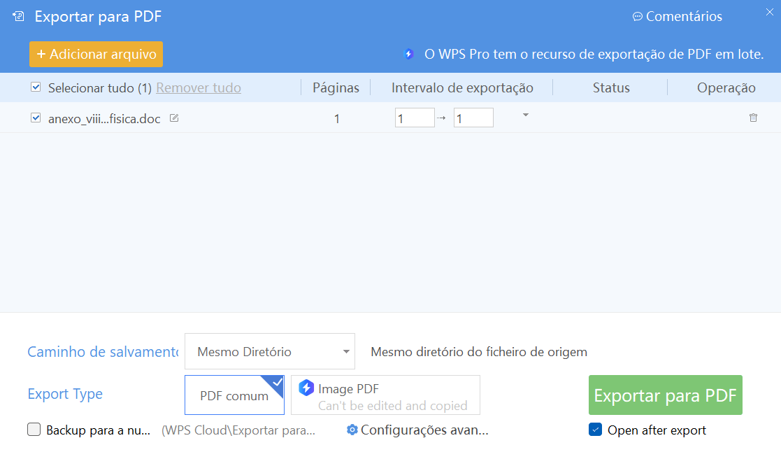 exportação para PDF