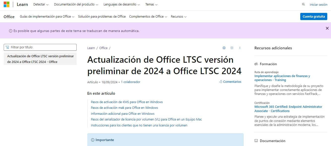 Vista Previa de la Página de Instalación de LTSC.