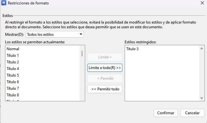 Restringir el formato a una selección de estilos