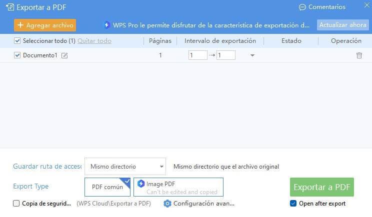 Opciones de exportación a PDF