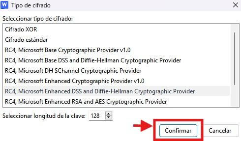 Seleccione el tipo de cifrado avanzado