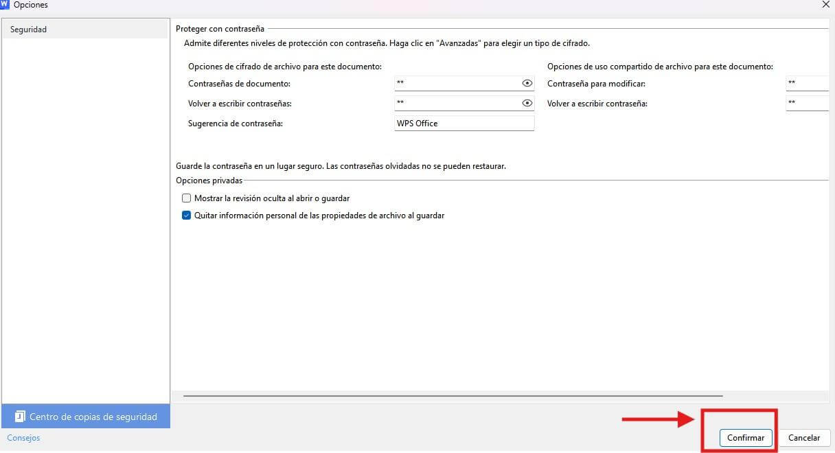 Cifrar documento en WPS Office