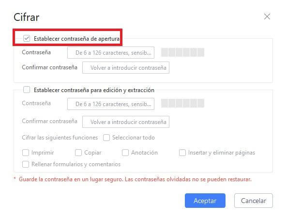 Establecer la contraseña de apertura para PDF